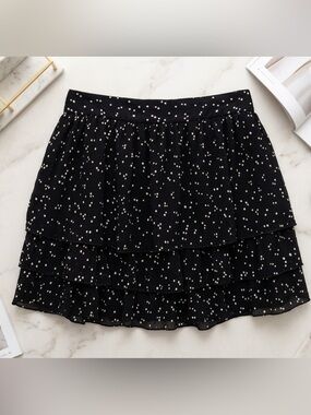 Zara Black Tiered Crinkle Mini Skirt with White Dot Print w/Liner-M-EC